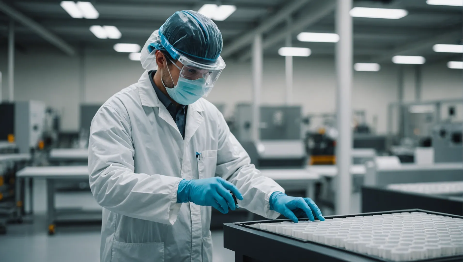 An experienced technician inspecting HEPA filters in a manufacturing facility.