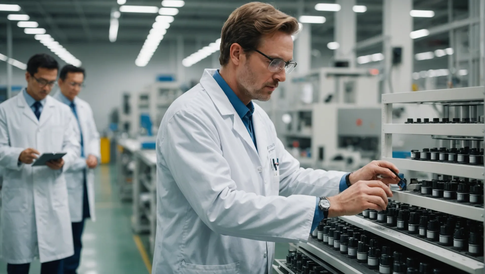 Experienced manufacturer inspecting air purifiers in a modern factory