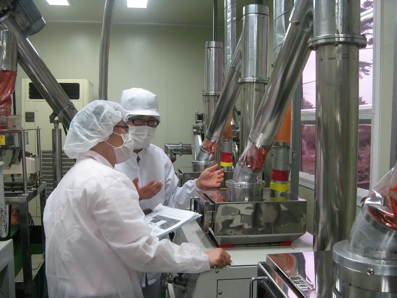 Technicians in Cleanroom Gear Monitoring Production Process in Food Processing Facility