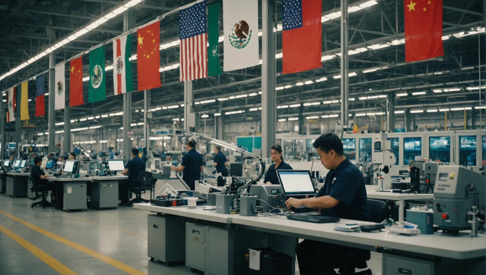 A factory with air purifiers and international flags symbolizing geopolitical influence.