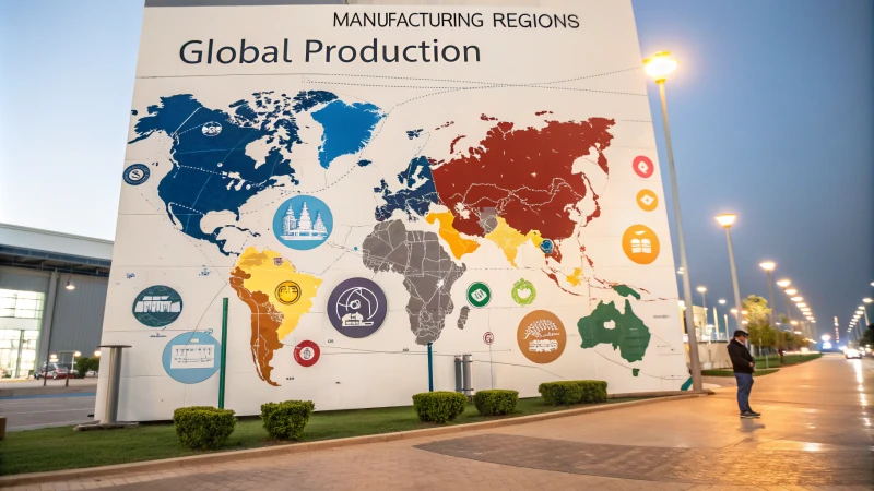 World map highlighting manufacturing regions with factories and supply chain icons