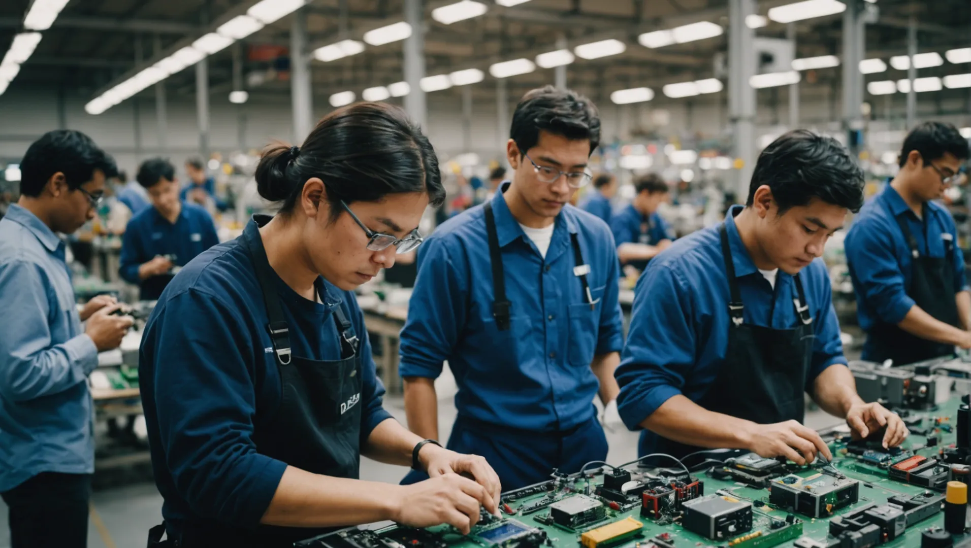 A factory floor with diverse workers assembling electronic devices, illustrating global manufacturing strategies influenced by tariffs.