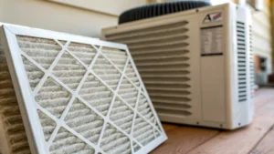 Close-up of a HEPA filter beside an air conditioning unit