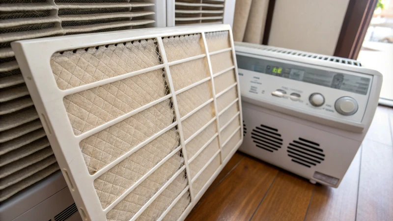 Close-up of a HEPA filter next to an air conditioning unit