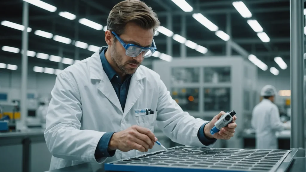 Un technicien inspecte une ligne de production de filtres HEPA dans une usine.