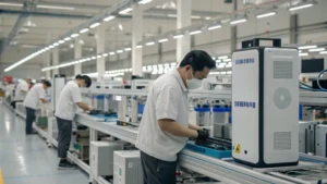 Workers assembling air purifiers in a manufacturing facility