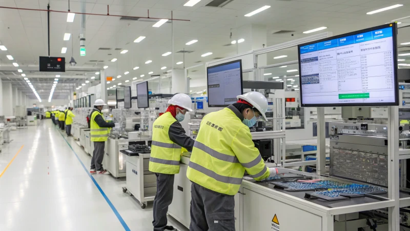 Arbeiter in Schutzkleidung bei der Montage von elektronischen Bauteilen in einer hellen Produktionsstätte