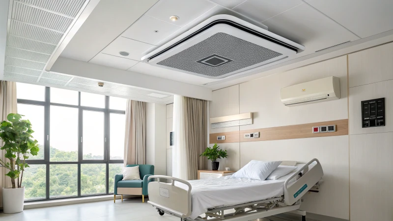 Modern hospital room with ceiling-mounted air purifier