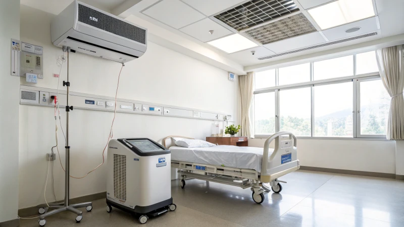 A hospital room with air purifiers