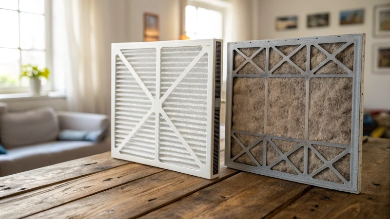 A clean and dirty HVAC air filter on a wooden table