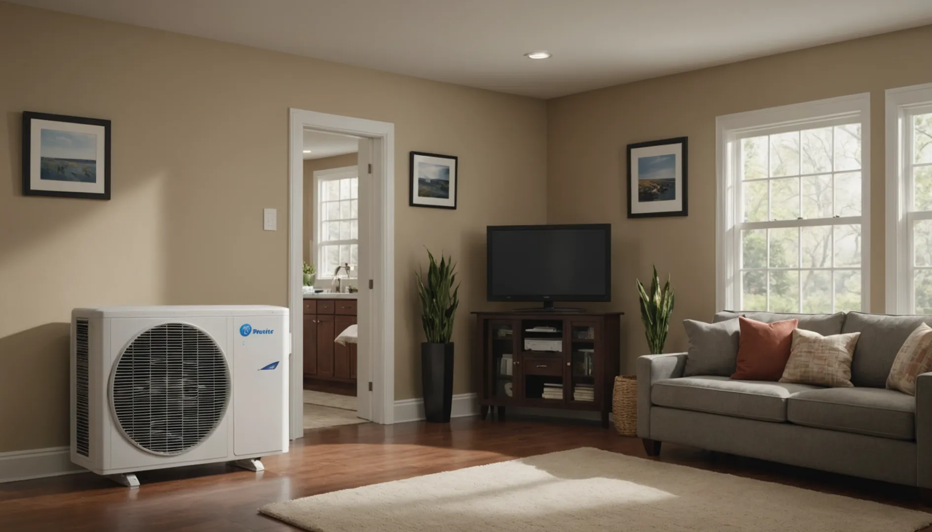 Side-by-side comparison of an HVAC system and an air purifier in a home setting