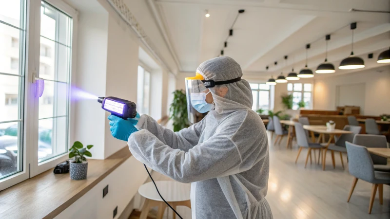 A person wearing goggles and gloves operating a UV light device in a clean indoor space.