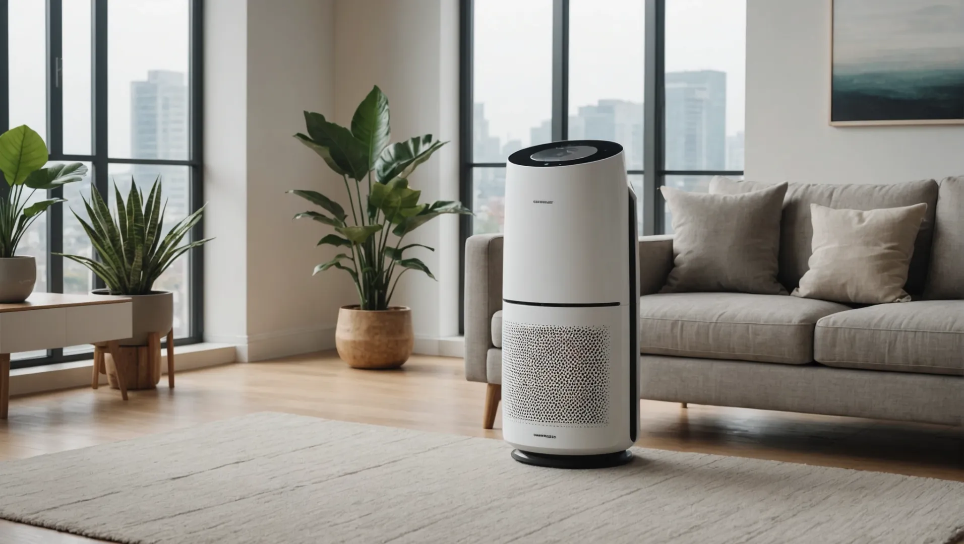 Futuristic air purifier in a modern living room