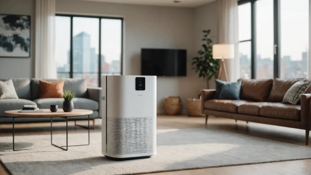 Purificateur d'air intelligent avec fonctions IoT et IA dans un salon moderne