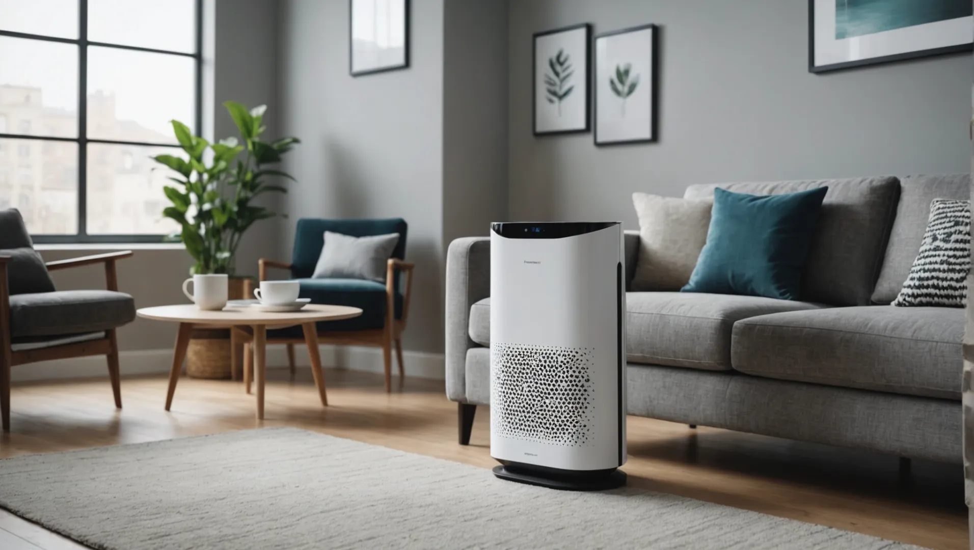 Modern air purifier with IoT and AI integration, displaying various sensors and data analytics features.