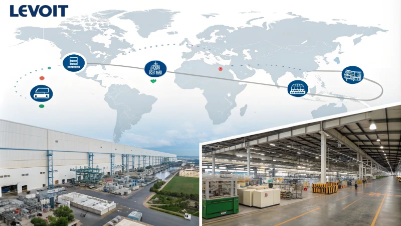 A timeline graphic showing Levoit's manufacturing evolution with factories and air purifiers.