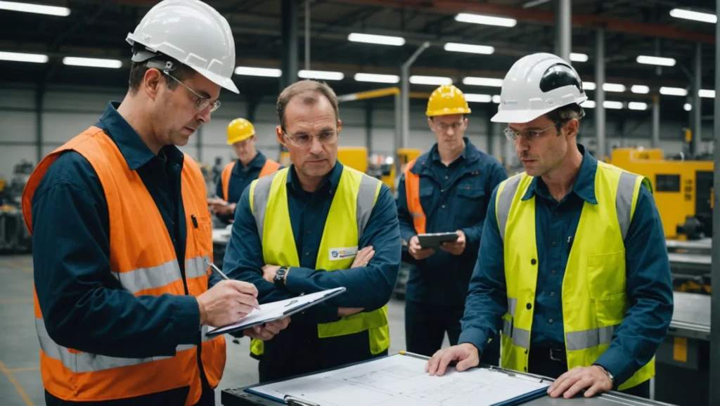 Ein Qualitätsprüfer bespricht die Produktspezifikationen mit einem Betriebsleiter