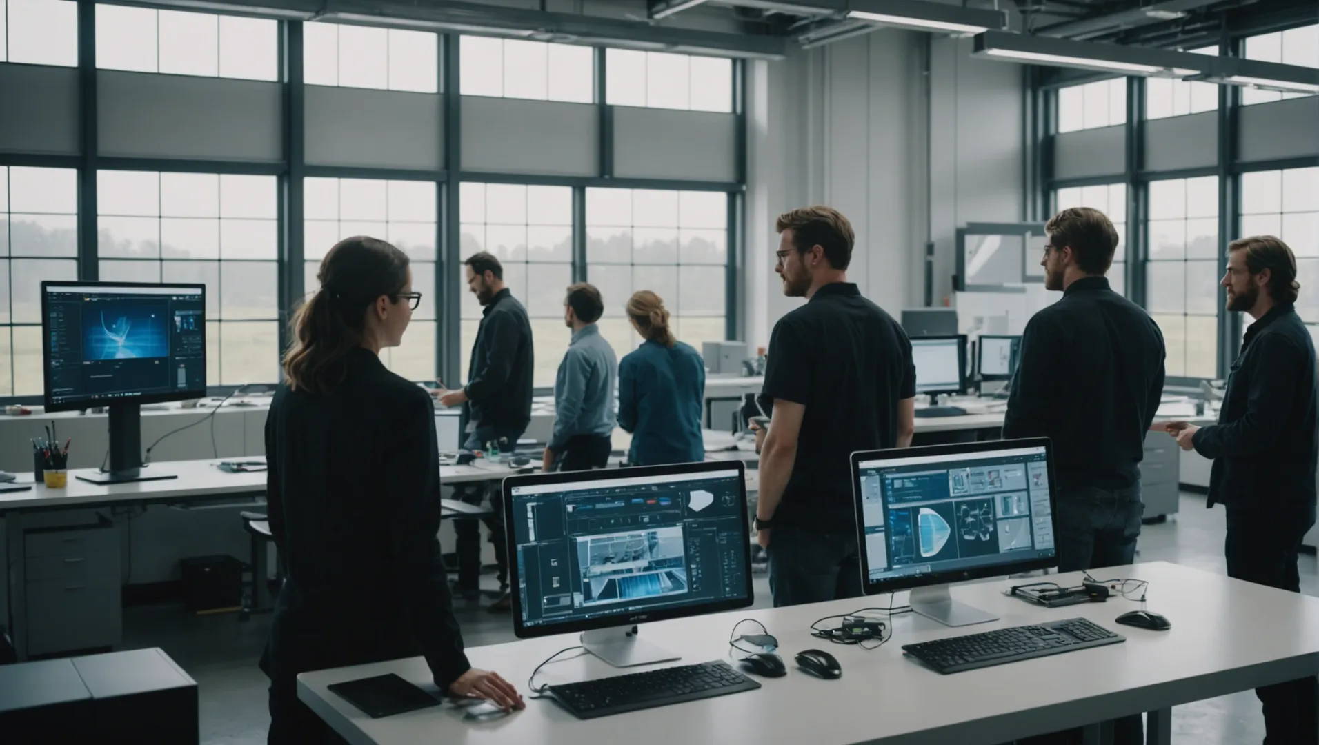 Factory interior with engineers and designers collaborating