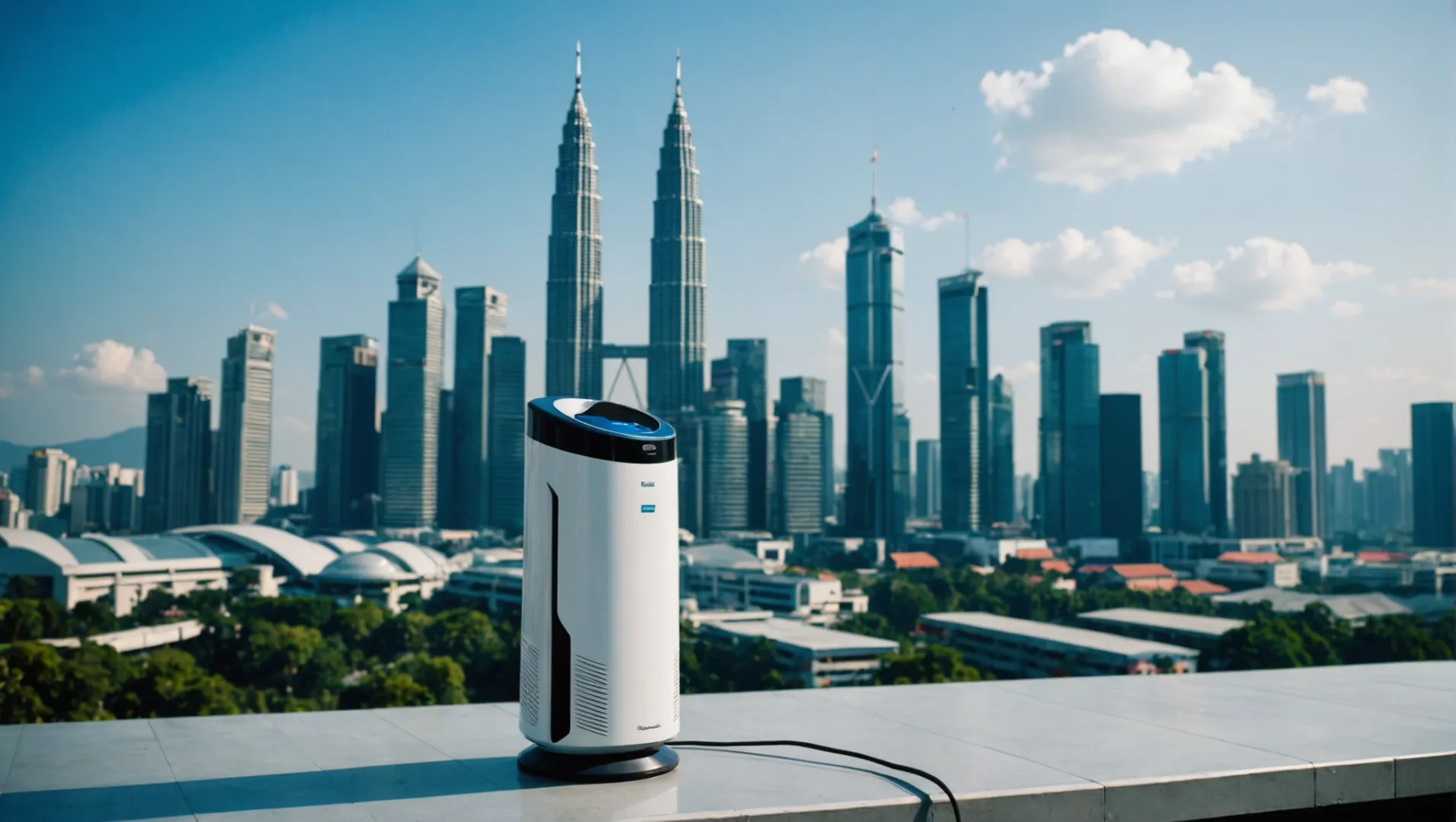 Modern air purifier with Malaysian skyline