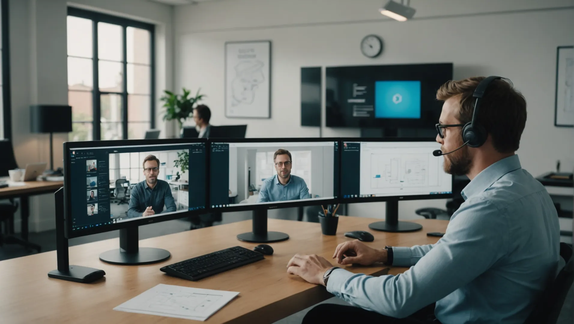 A startup founder discussing air purifier designs with a manufacturer representative via video call.