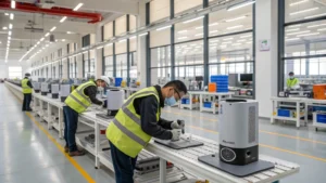 Workers assembling Dyson air purifiers in a clean, well-lit facility.