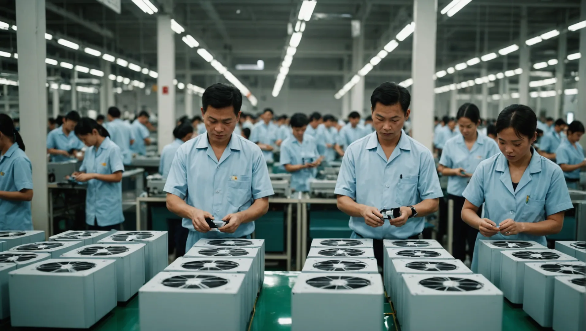 Factory floor with workers assembling electronic products