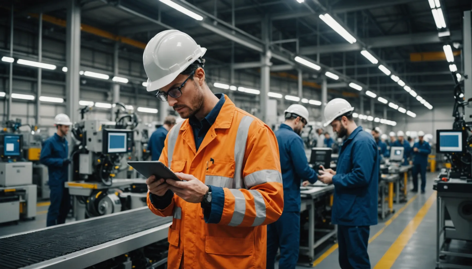 Factory floor with engineers inspecting production line