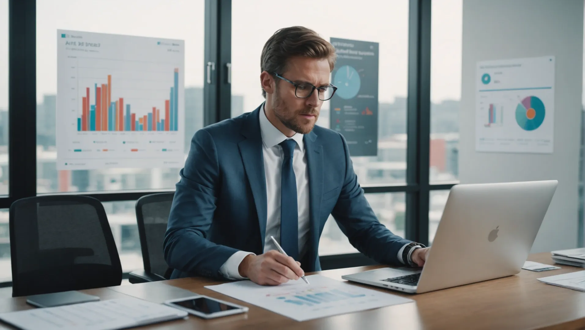 A business professional analyzing air purifier market data on a laptop.