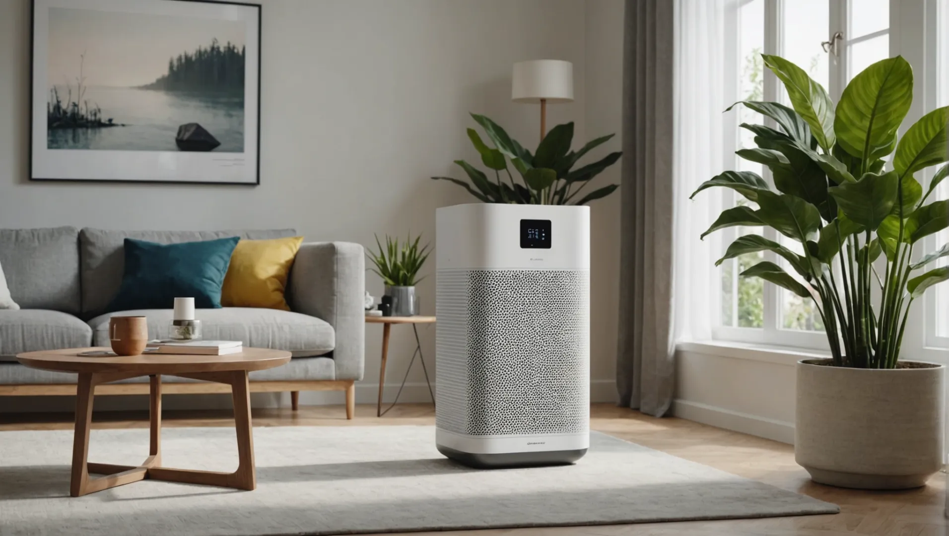 Air purifier with performance metrics displayed digitally