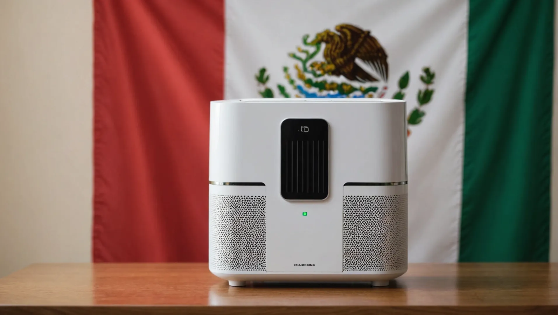 A modern air purifier with a Mexican flag backdrop, symbolizing Mexico's emerging role in the industry.