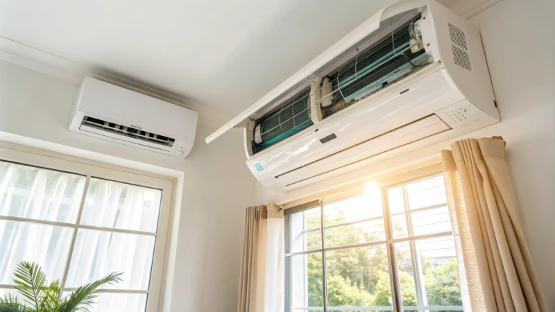 Modern air conditioning unit with transparent section on a white wall