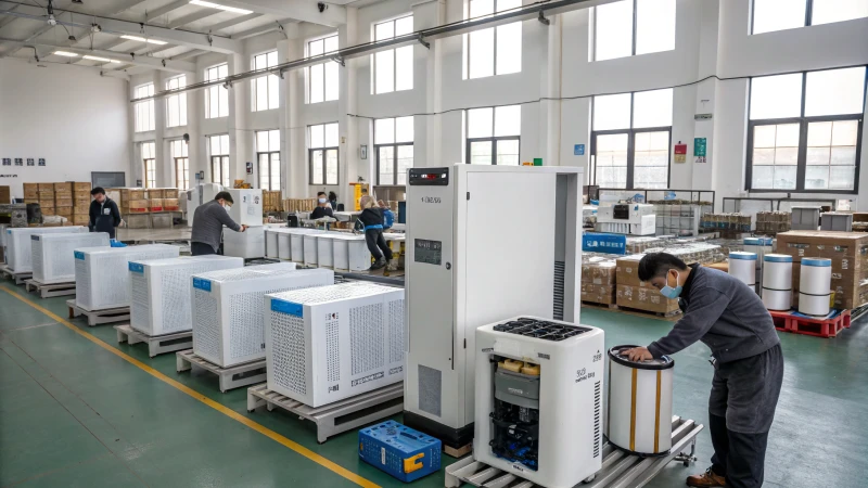 A modern air purification manufacturing facility with assembly lines and workers