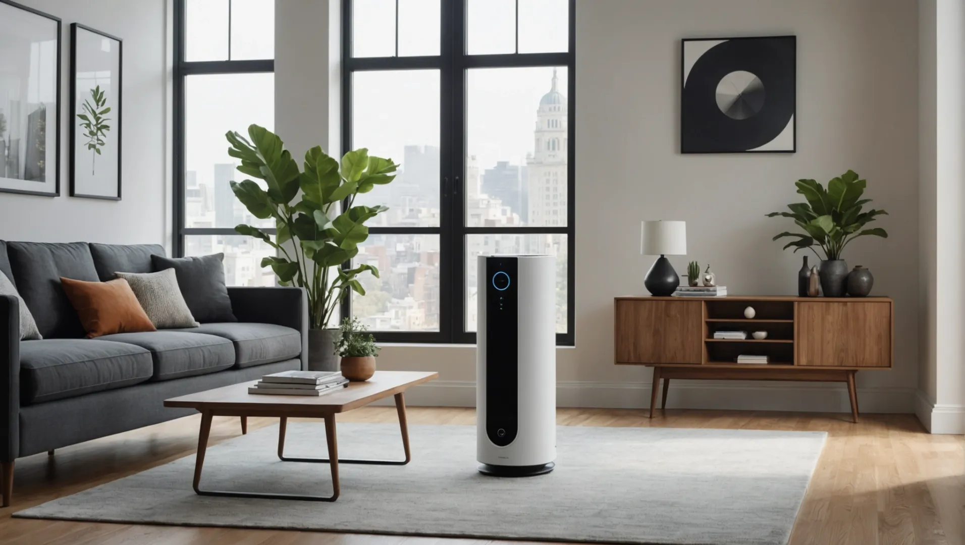 Modern air purifier with digital display in a living room