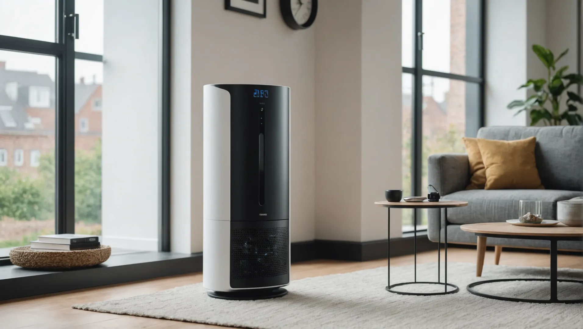 A modern air purifier in a living room setting