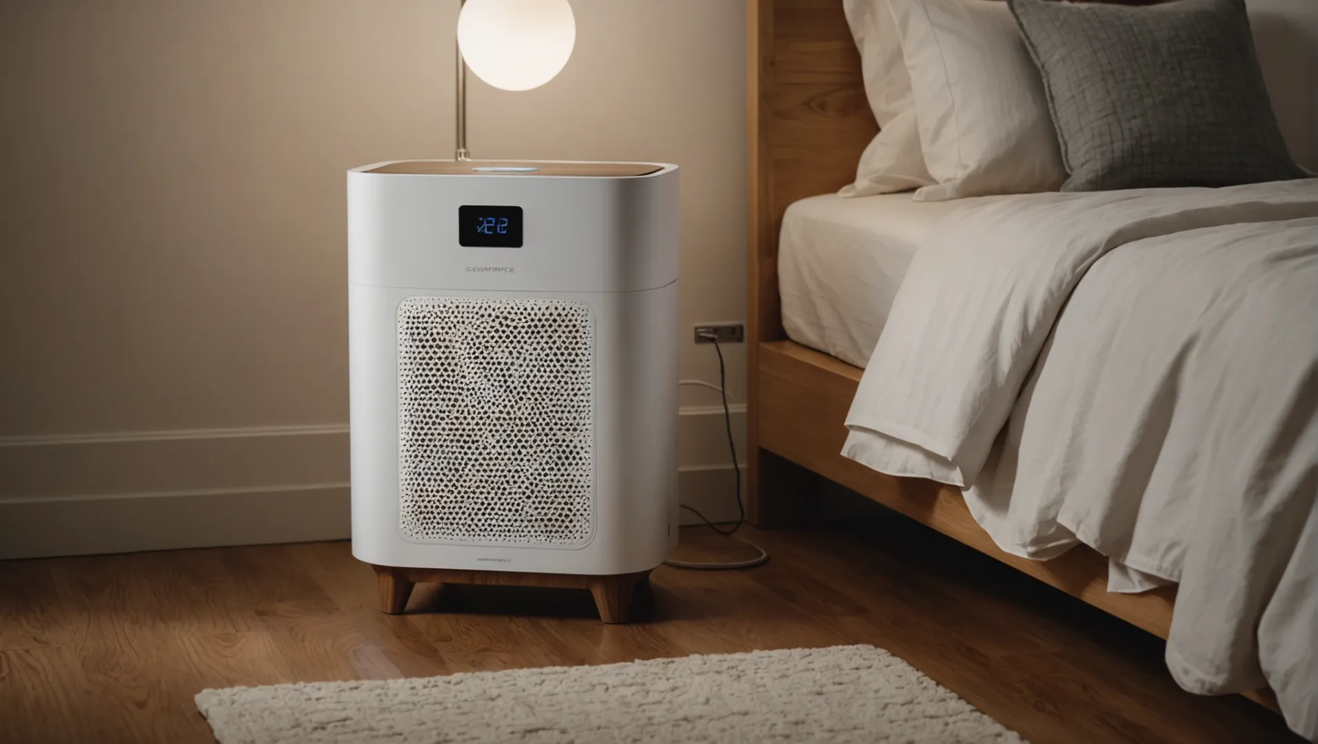 A modern air purifier in a cozy bedroom setting, emphasizing noise level importance.