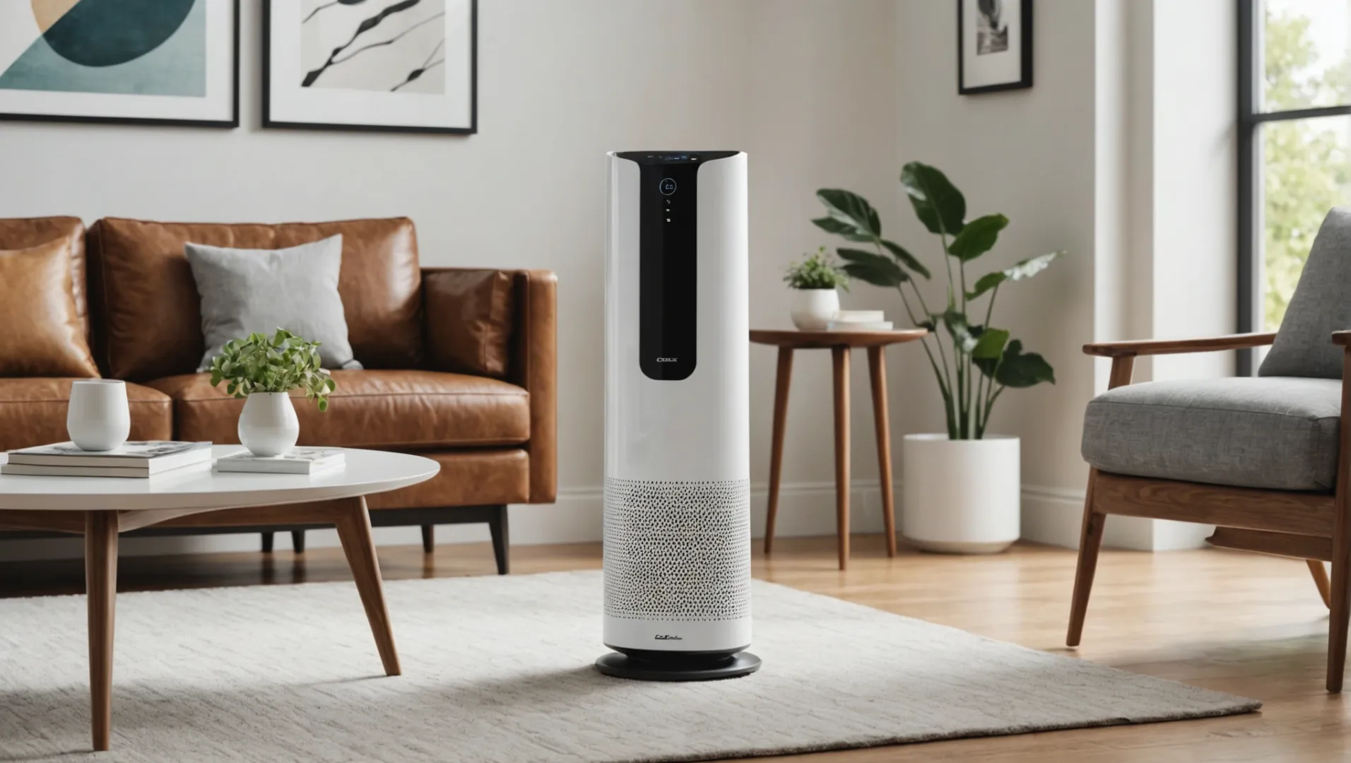 A sleek, modern air purifier in a living room setting.