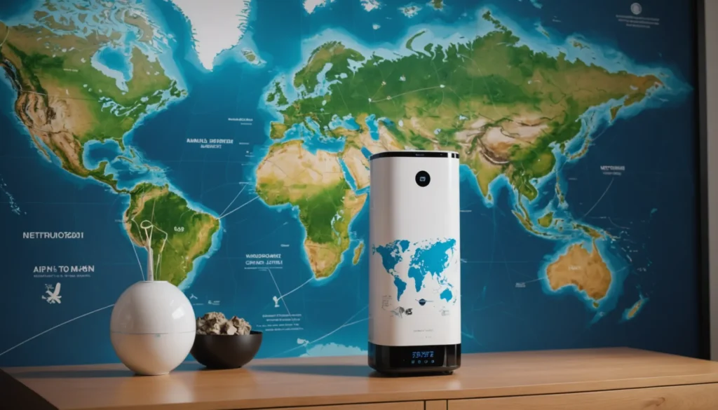 Modern air purifier with global trade map and tariffs