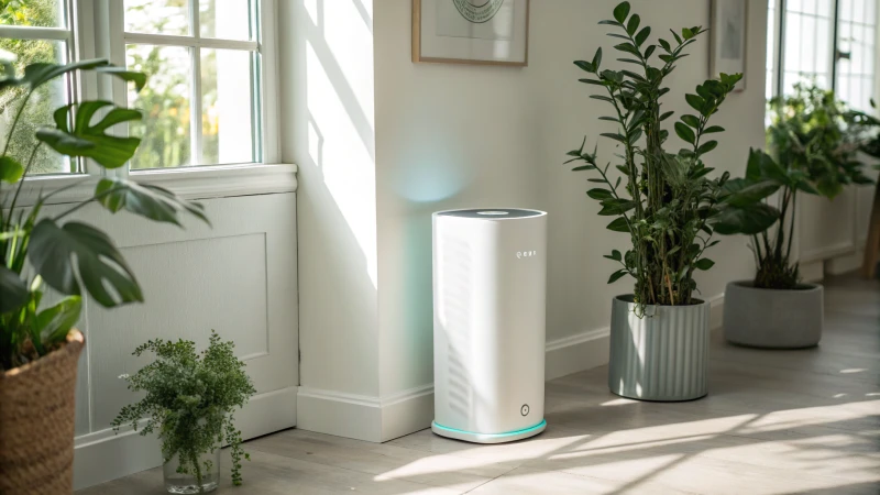 Modern air purifier with UV light in a bright room