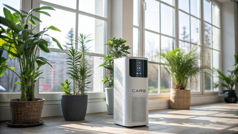 A sleek air purifier in a bright room with plants