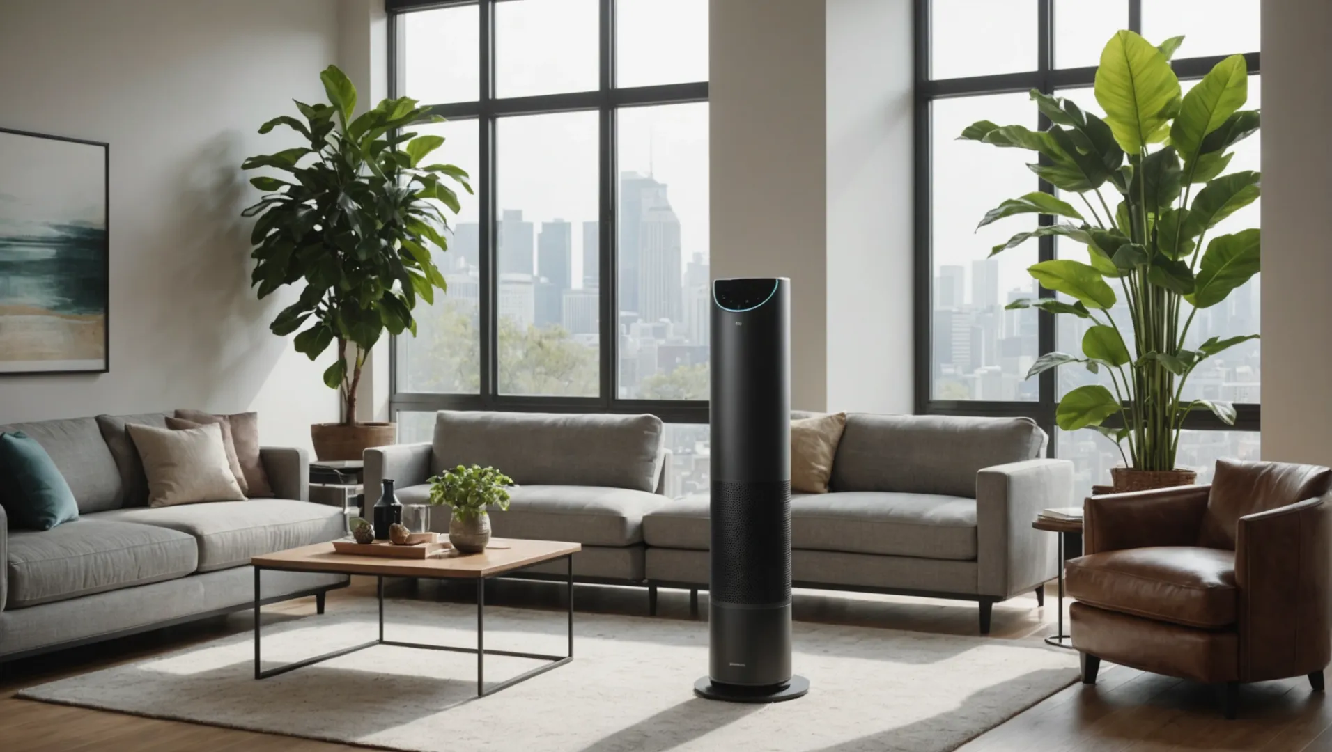 A modern air purifier in a cozy living room setting with sunlight streaming through the window.