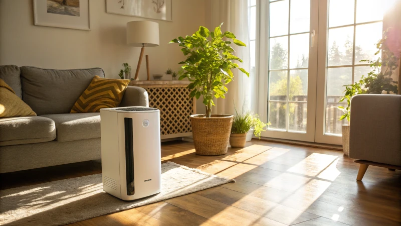 A modern air purifier in a cozy living room