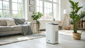 A sleek air purifier in a bright modern living room.