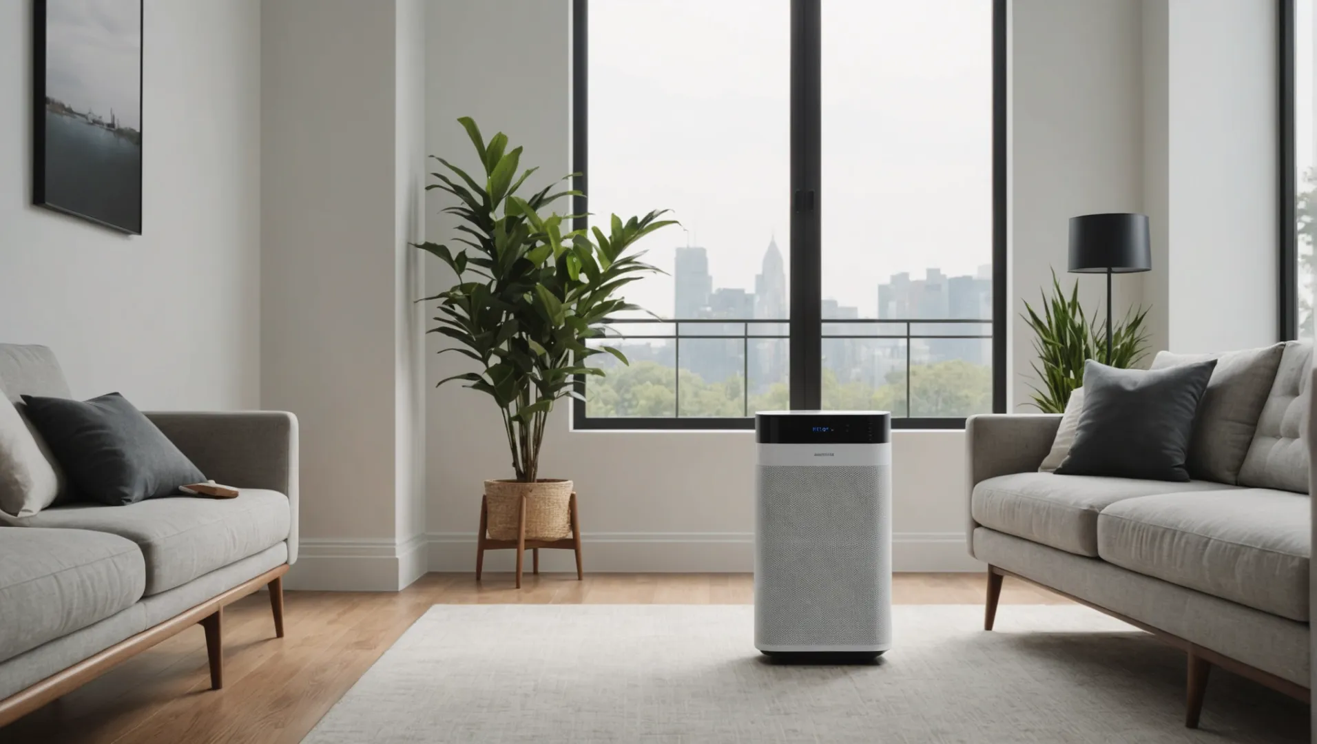 A sleek air purifier in a minimalist living room setting.