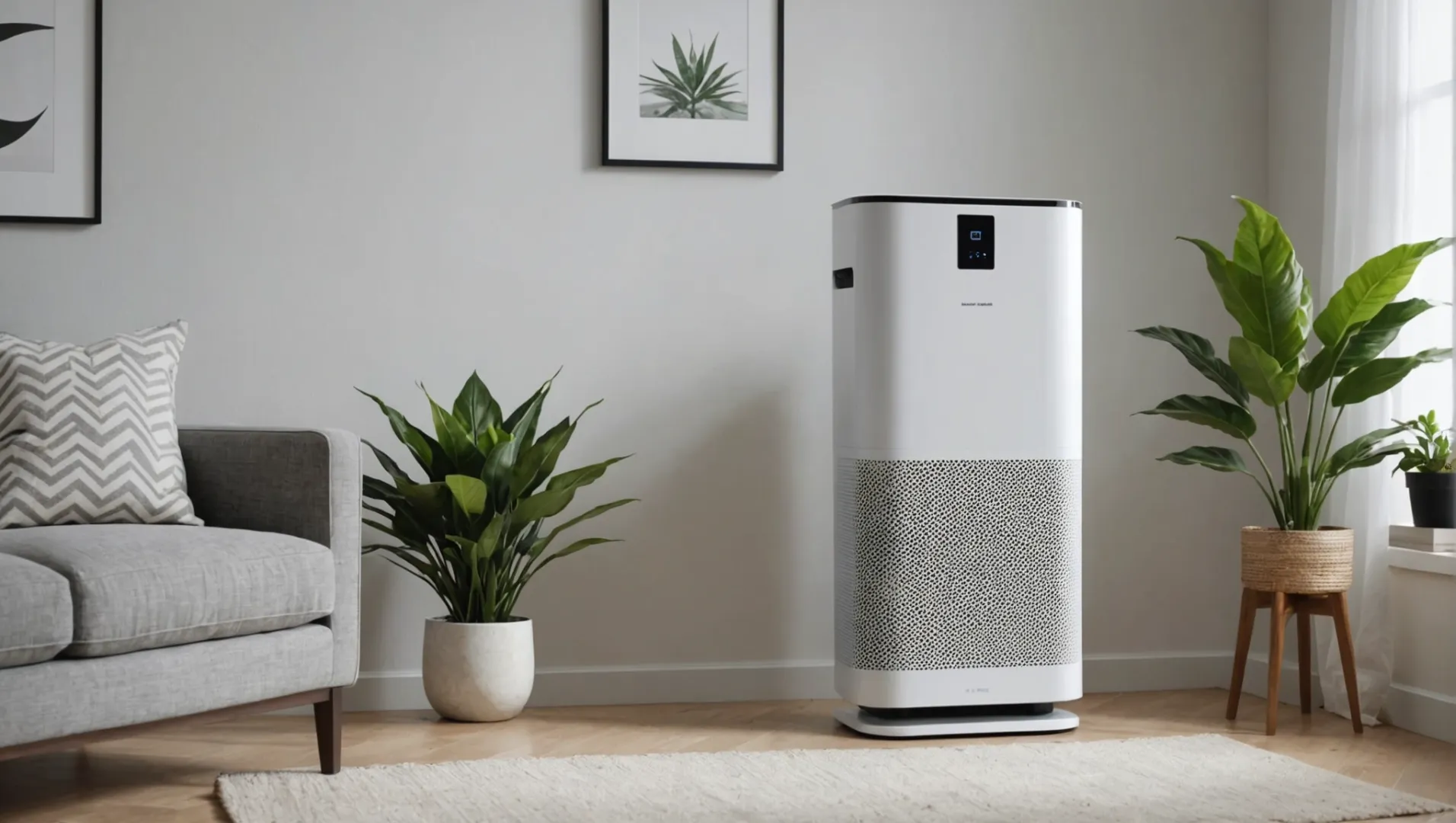 A modern air purifier in a sleek home setting with natural light.