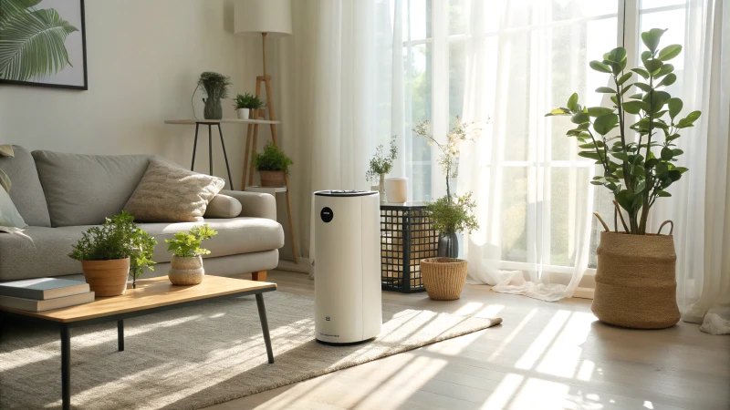 A modern air purifier in a bright living room