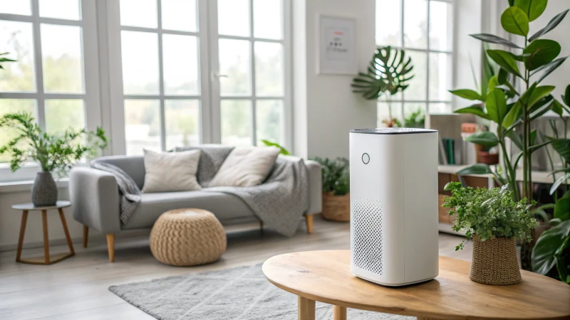 A modern air purifier on a wooden table surrounded by houseplants in a bright living room