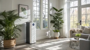 A modern wall-mounted air purifier in a stylish living room with sunlight and indoor plants.