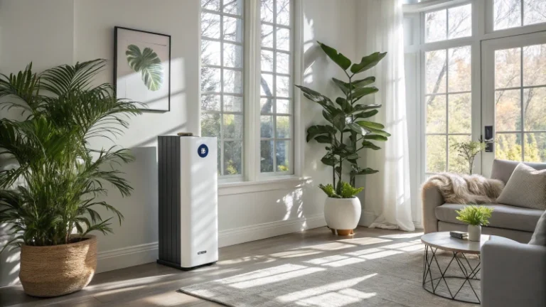 Un moderno purificador de aire montado en la pared en un elegante salón con luz solar y plantas de interior.