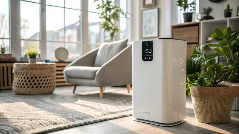 A modern air purifier in a stylish living room