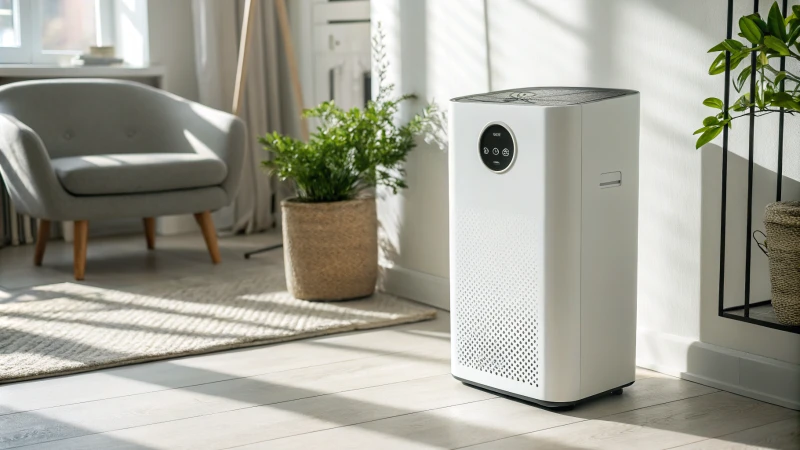 A modern air purifier in a minimalistic living room